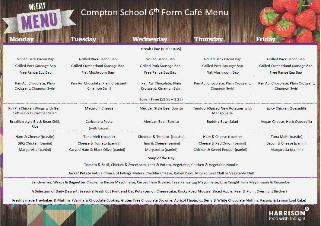 Sixth form cafe menu